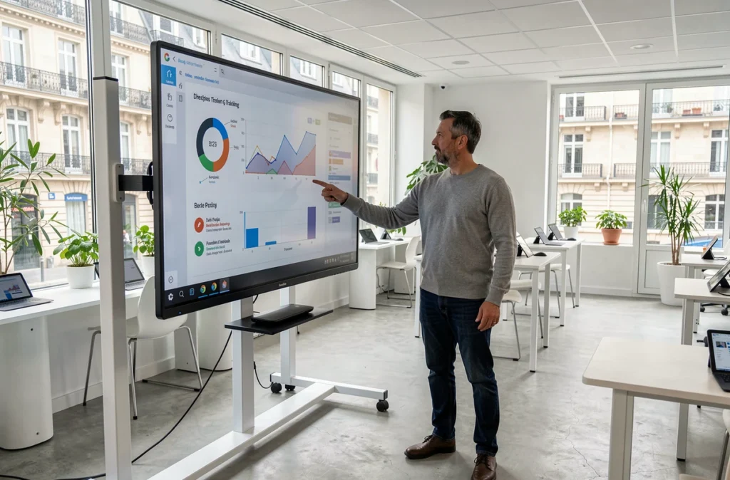 Formateur expliquant des concepts de confiance numérique sur un écran interactif dans une salle de formation moderne à Paris
