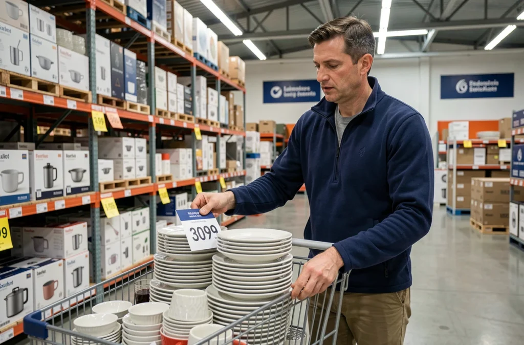 Homme faisant ses achats dans un magasin d'usine discount en Gironde, avec des articles de cuisine à prix réduit
