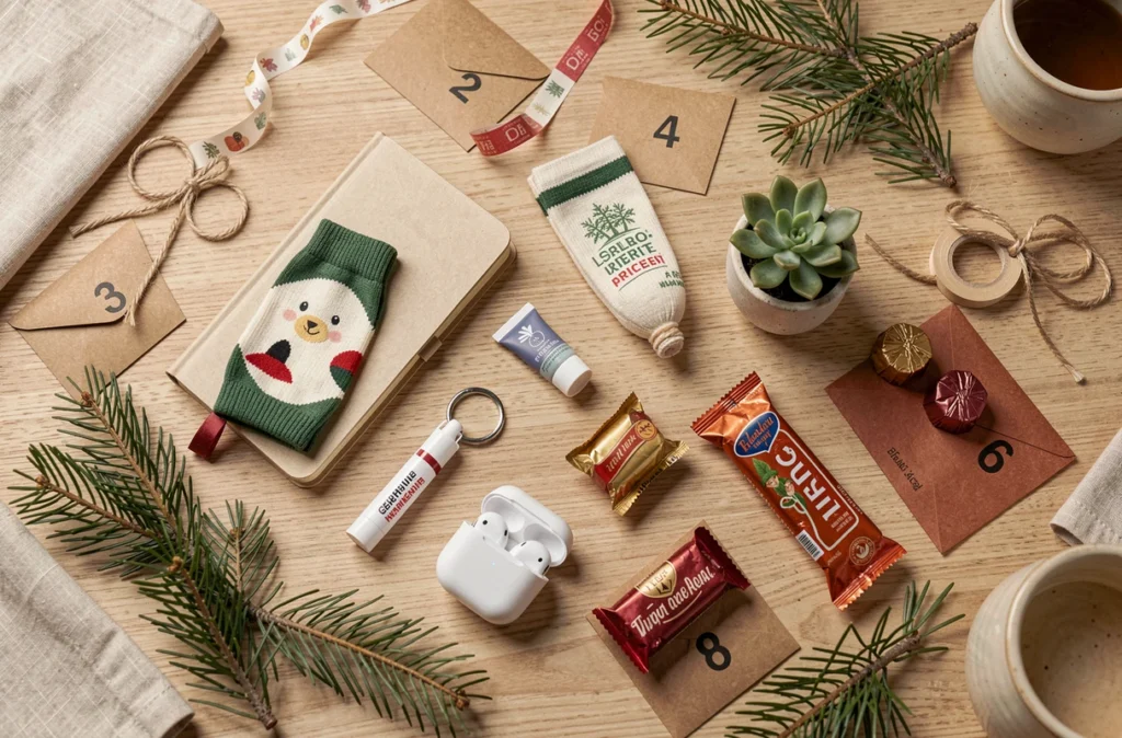 Vue de dessus d'une sélection de cadeaux originaux pour un calendrier de l'Avent pour adolescent, avec enveloppes kraft numérotées et petits objets tendance sur une table en bois