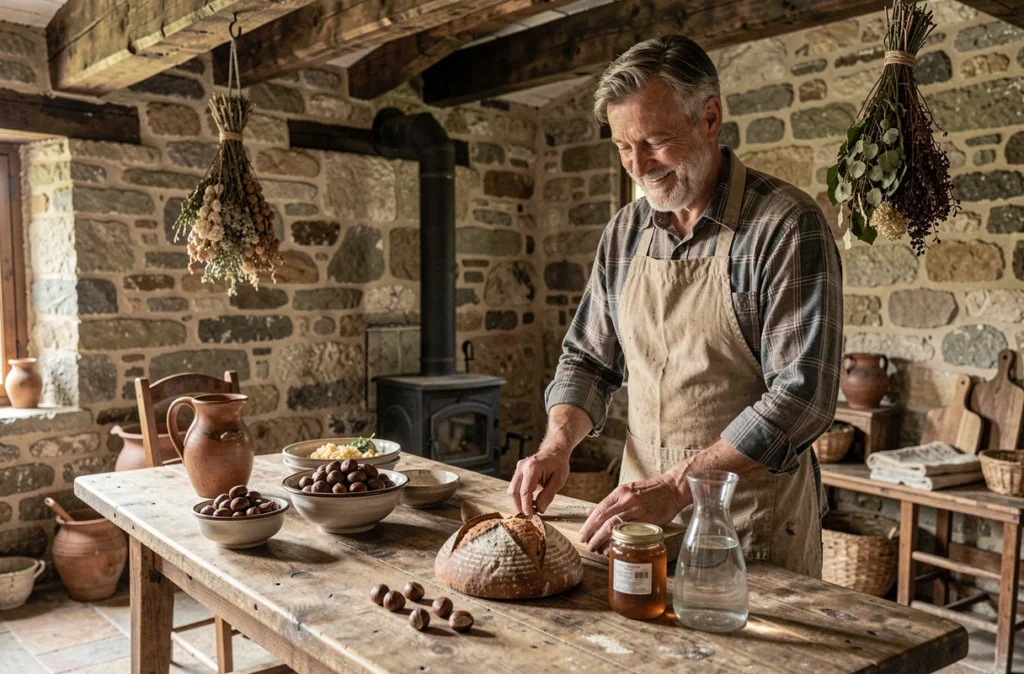 Intérieur d'une ferme ardéchoise traditionnelle à Nozières avec produits locaux et décor en pierre