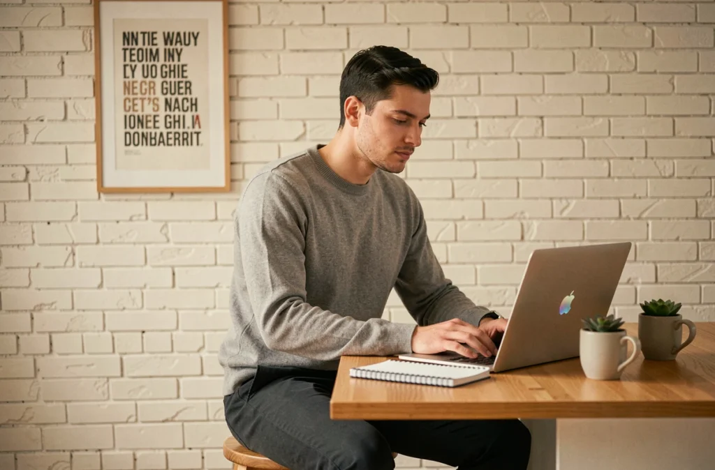 Jeune entrepreneur travaillant sur son projet business depuis un studio bureau minimaliste