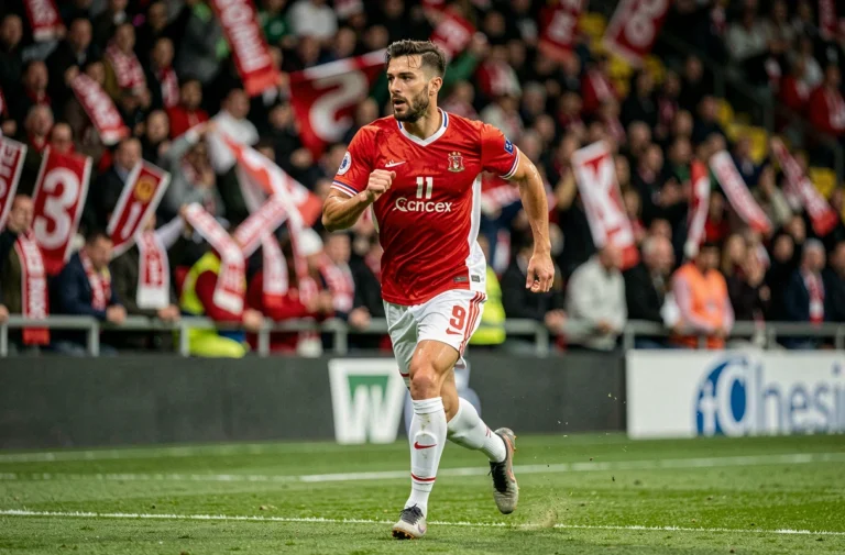Joueur de football professionnel en pleine course sur un terrain de stade lors d'un match important