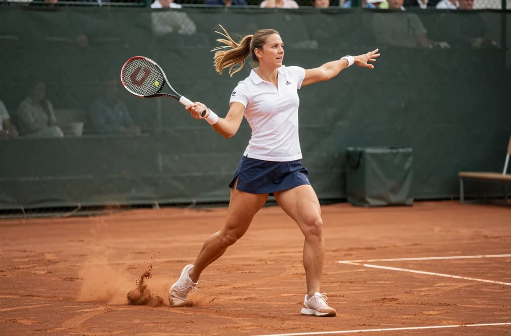 Joueuse de tennis en plein revers puissant sur un court en terre battue lors d'un tournoi