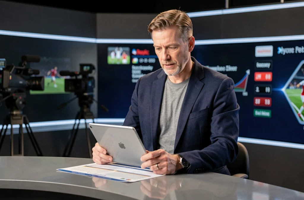 Journaliste sportif analysant les résultats de la semaine dans un studio de télévision moderne