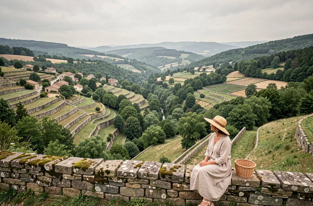 Vue panoramique sur les collines boisées et les terrasses en pierre autour du village de Nozières en Ardèche