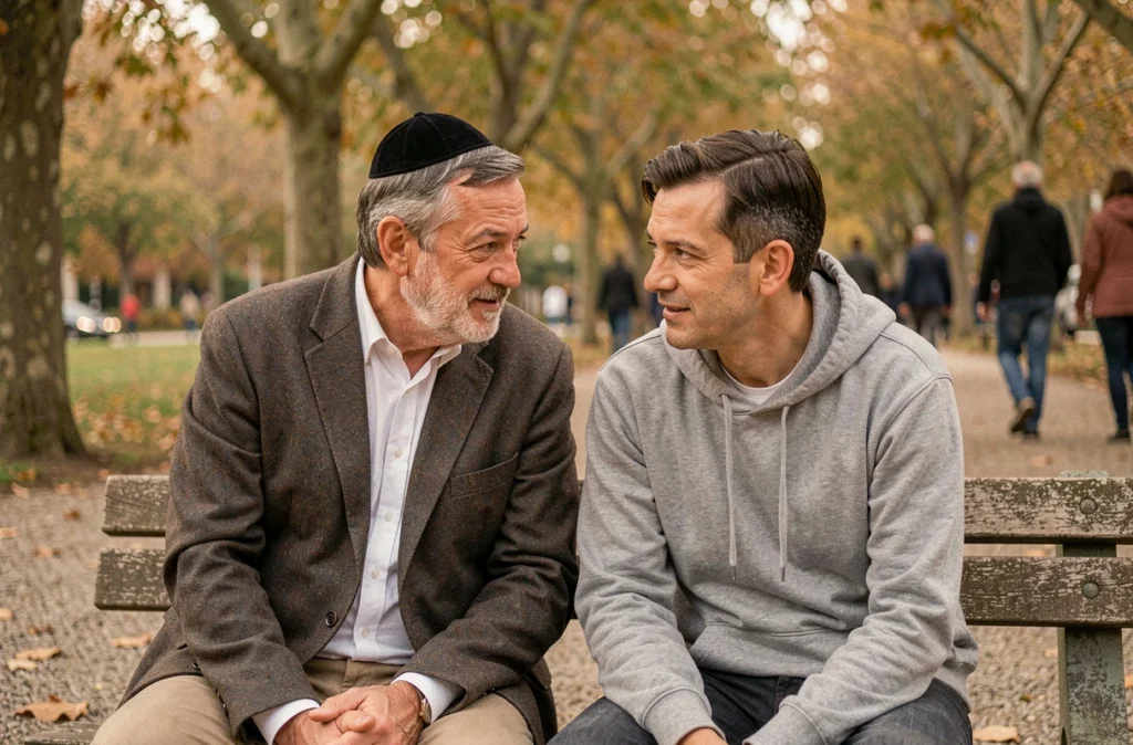 Deux hommes d'horizons religieux différents en conversation bienveillante sur un banc de parc en automne