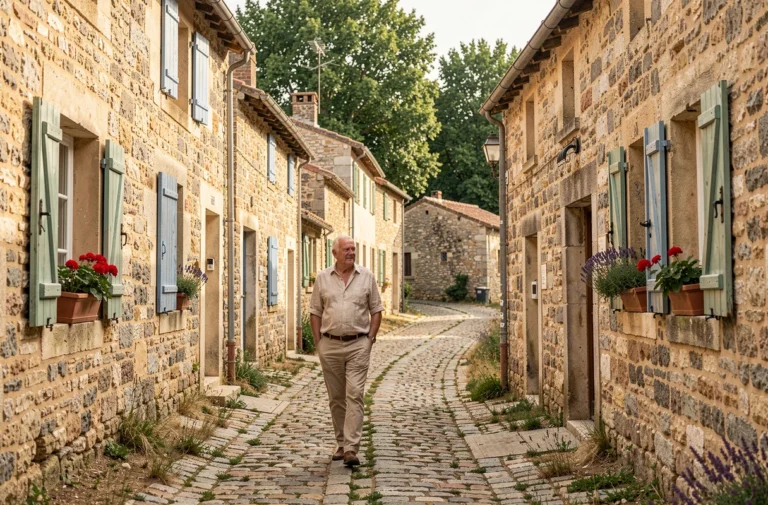Ruelle pavée typique du village de Nozières en Ardèche avec ses maisons en pierre et ses volets colorés