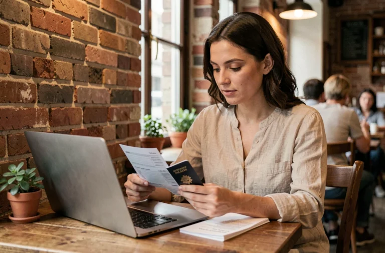 Femme consultant ses réservations de voyage en ligne dans un café européen avec passeport et itinéraire imprimé