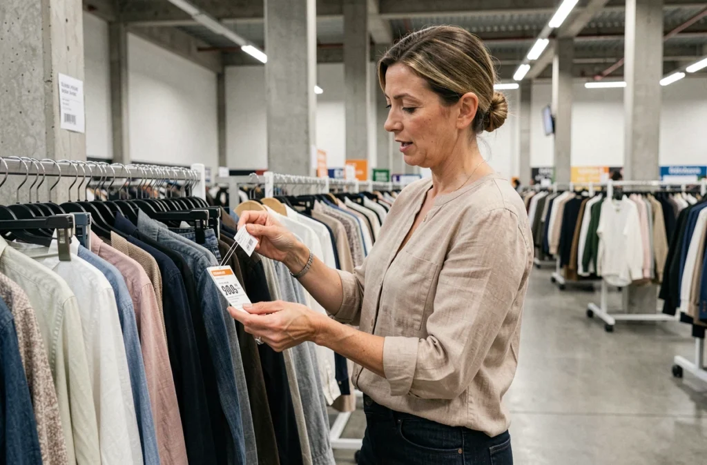 Femme faisant du shopping dans un magasin d'usine à Bordeaux, parcourant des vêtements de marque à prix réduit