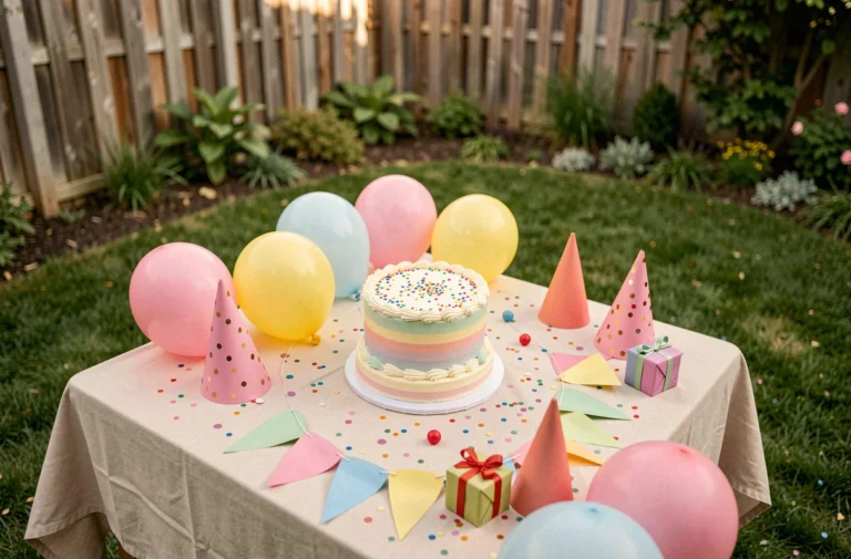 Table d'anniversaire décorée avec un gâteau, ballons colorés et confettis dans un jardin verdoyant pour une fête d'enfants