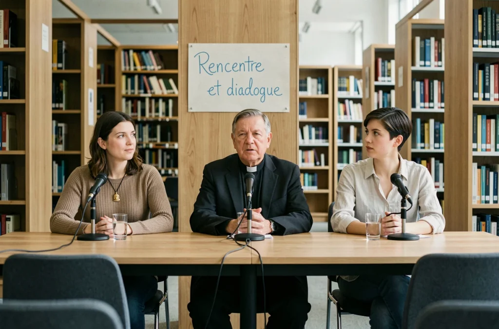 Table ronde de dialogue interreligieux et laïc dans une bibliothèque publique moderne