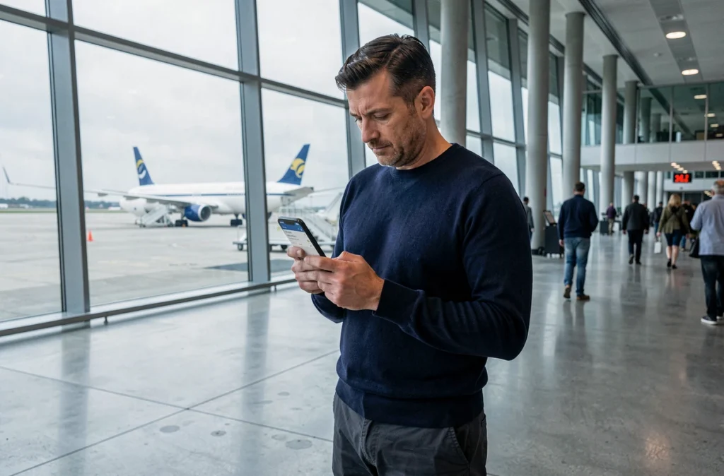 Voyageur masculin vérifiant ses réservations sécurisées sur smartphone dans un terminal d'aéroport moderne
